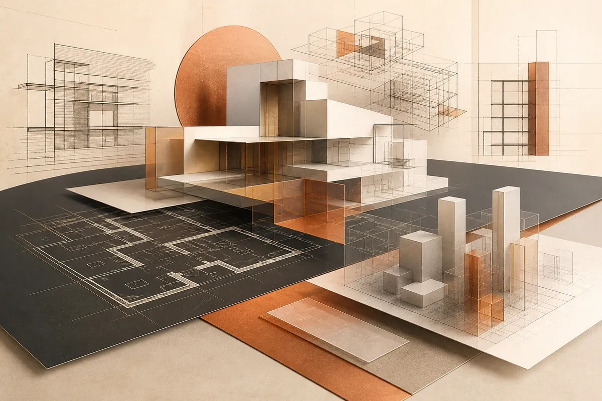 Illustration of architectural plans, model geometry, and BIM massing