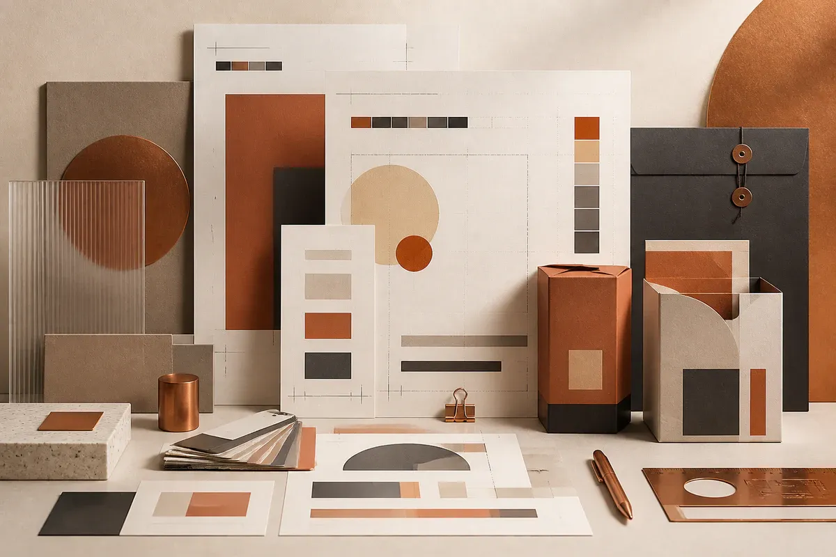 Illustration of layout sheets, packaging forms, and design samples