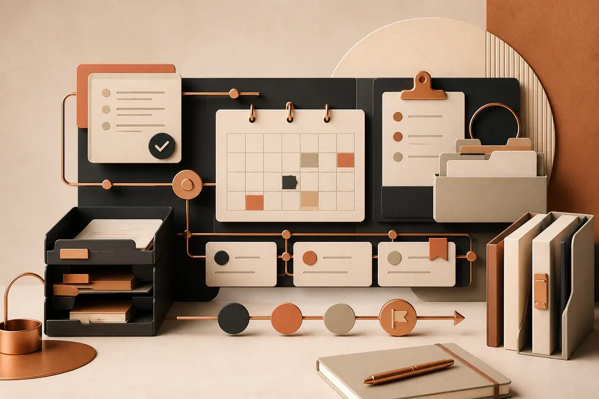 Illustration of organized task cards, a calendar, and workflow coordination