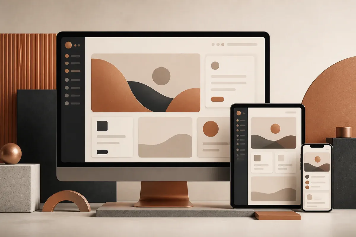 Illustration of a corporate website across desktop, tablet, and mobile layouts