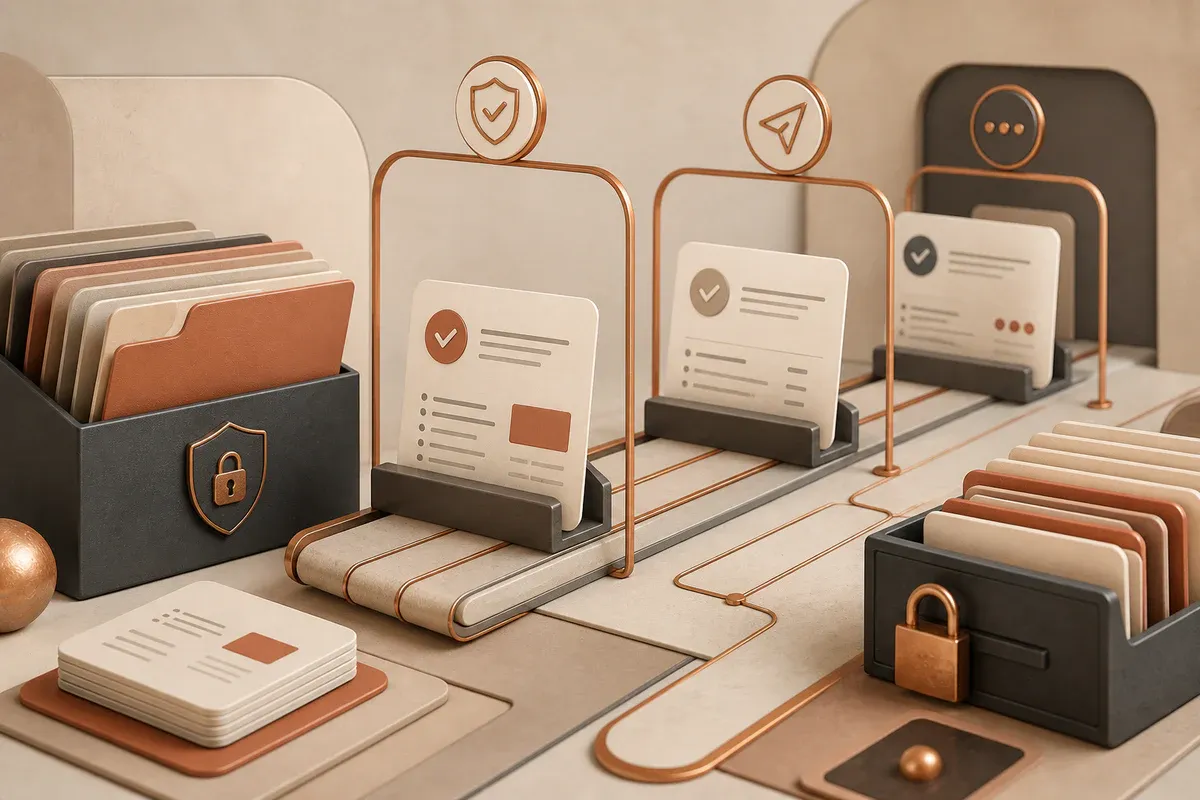 Illustration of secure administrative claim cards moving through review stages