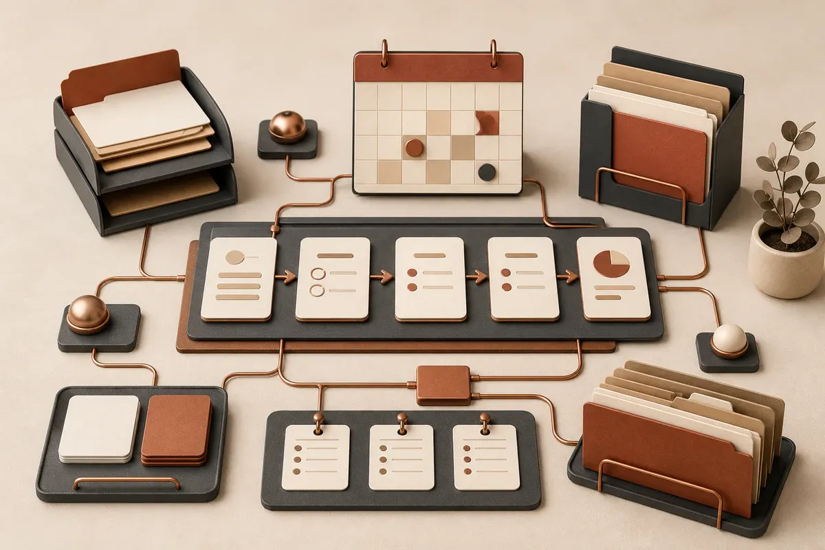 Illustration of coordinated task cards, calendar blocks, and organized files