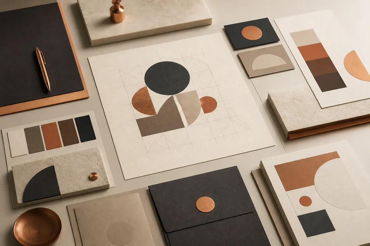 Illustration of geometric identity studies, swatches, and stationery forms