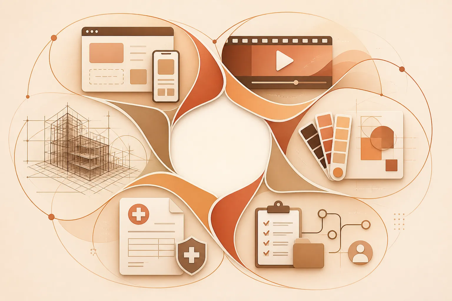 Illustration combining web development, video production, brand design, administrative workflows, healthcare billing, and architectural drafting